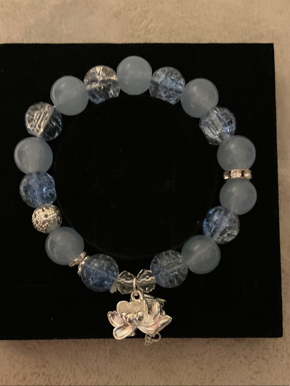 Silver Lotus Charm Blue Beaded Stretch Bracelet